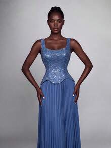 Elegant Wide Strap Floor-Length Dress With Beaded Ruffle Bodice And Pleated Skirt, Suitable For Photos, Beach Vacation, Resort And Formal Occasions - Dusty Blue - View 3