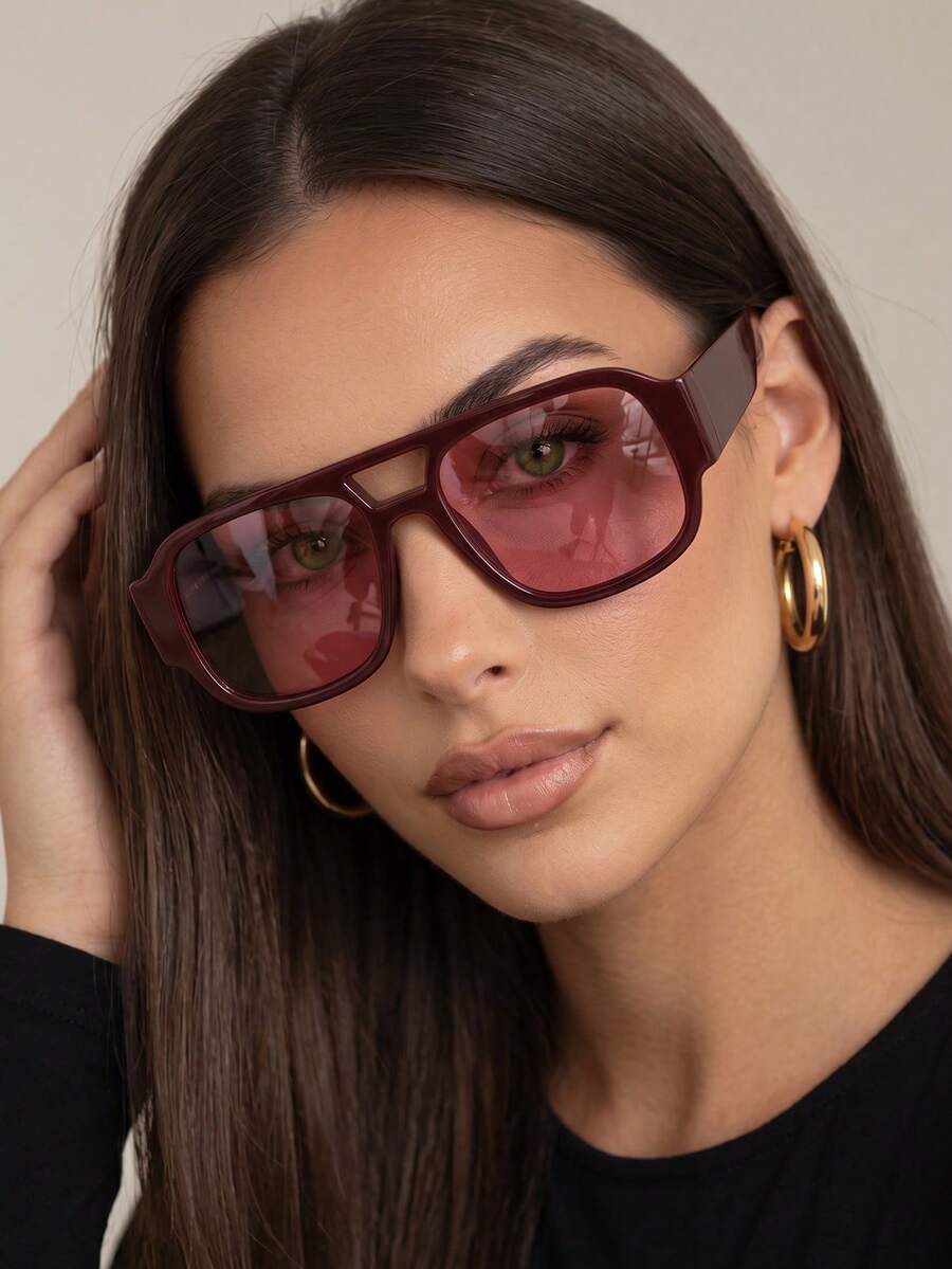 1 Pair Women's Minimalist Solid Color Square Double Bridge Retro Fashion Glasses For Street Style, Travel And Vacation - Maroon - View 1