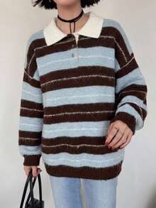 FRIFUL Weekend Sweater Lengan Panjang Bergaris Gaya Korea untuk Wanita, Musim Gugur/Dingin - Biru - View 2