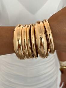 6pcs/Set Vintage Elegant Wide Plain Metal Bangle Bracelets For Women, Suitable For Daily Wear, Party, Vacation And Multiple Occasions, Gift - Gold - View 2