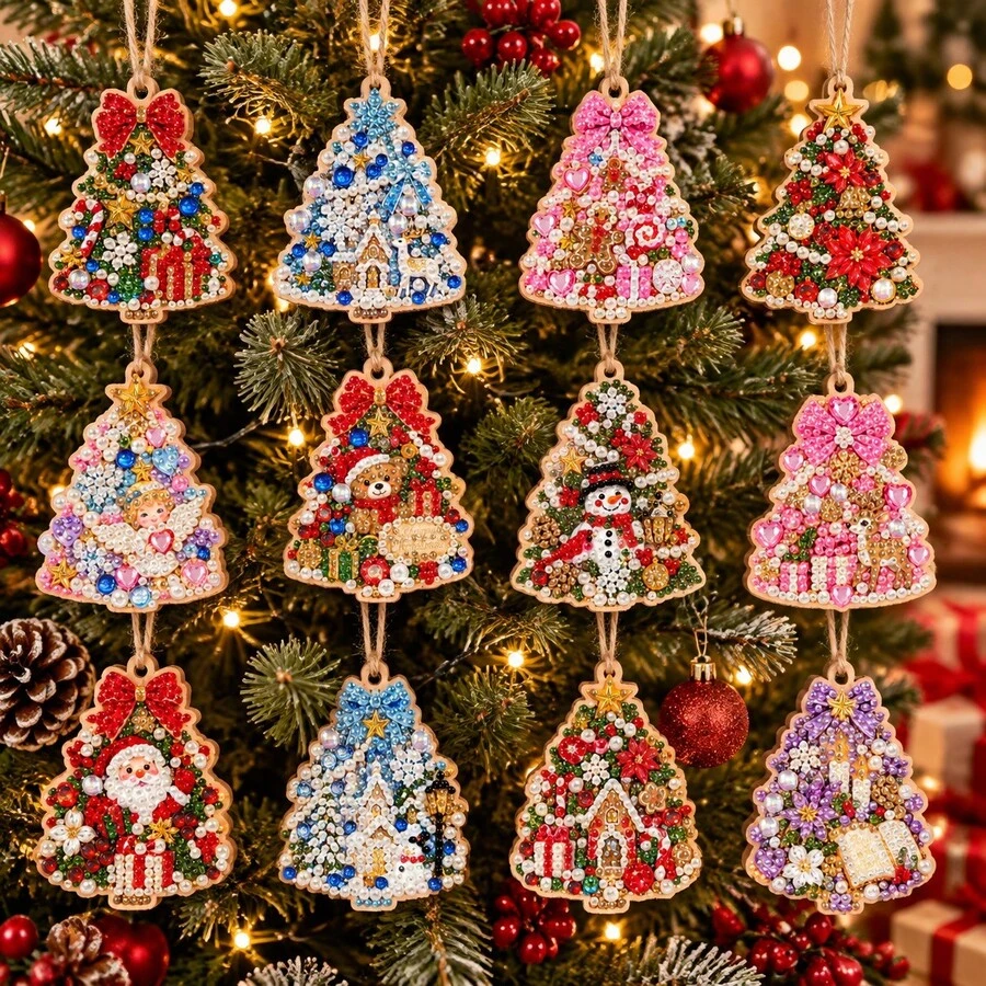 12Pcs 10cm Round Wooden DIY Pearl Diamond Painting Ornaments Kit, Christmas Santa Penguin Snowman Reindeer Gingerbread Pattern Hanging Pendants, Xmas Tree Handmade Craft Decor With Hemp Rope - View 1