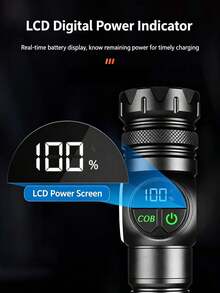 ZKBBO 1pc Rechargeable LED Flashlight High Power Tactical Torch, Digital Power Display, COB Side Light, Magnetic Base, Portable Flashlight For Camping, Hiking, Emergency - Black - View 8