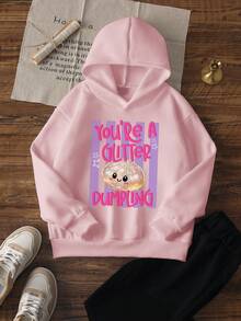 3pcs Set Girls Sweet & Cool Style Fun Cartoon Shiny Dumpling & Bun Print English Slogan Glitter Dumpling Long Sleeve Pullover, Casual Loose Versatile INS Style Streetwear, Suitable For Daily Wear & Back To School Season, Multiple Colors Available - Pink - View 4
