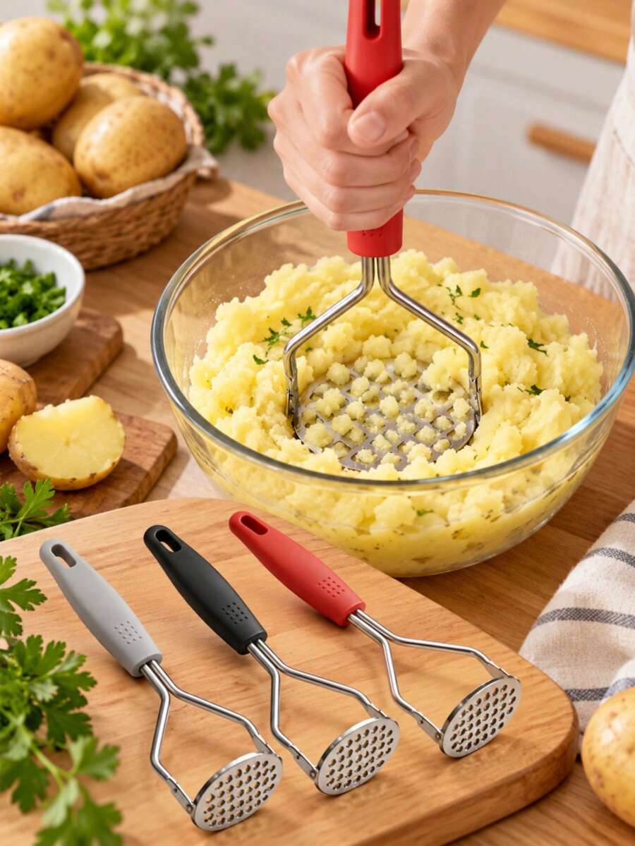 2pcs Heavy Duty Potato Masher - Commercial And Home Use, Non-Slip Handle, Stainless Steel Material, Easy To Clean, Suitable For Potatoes, Vegetables And Fruits, Ideal For Home Cooking Enthusiasts And Professional Chefs. Vegetable Masher/Puree Tool, Essential Kitchen Utensil, Ergonomic Handle, Christmas Home Decor, Kitchen Gadget, Kitchen Utensil, Ramadan, Arabic Coffee Cup, Kitchen Decor, Kitchen Accessories, Kitchen Supplies, Home Accessories, Kitchen Essentials, Kitchen Decor And Accessories, Home Essentials, College Essentials,