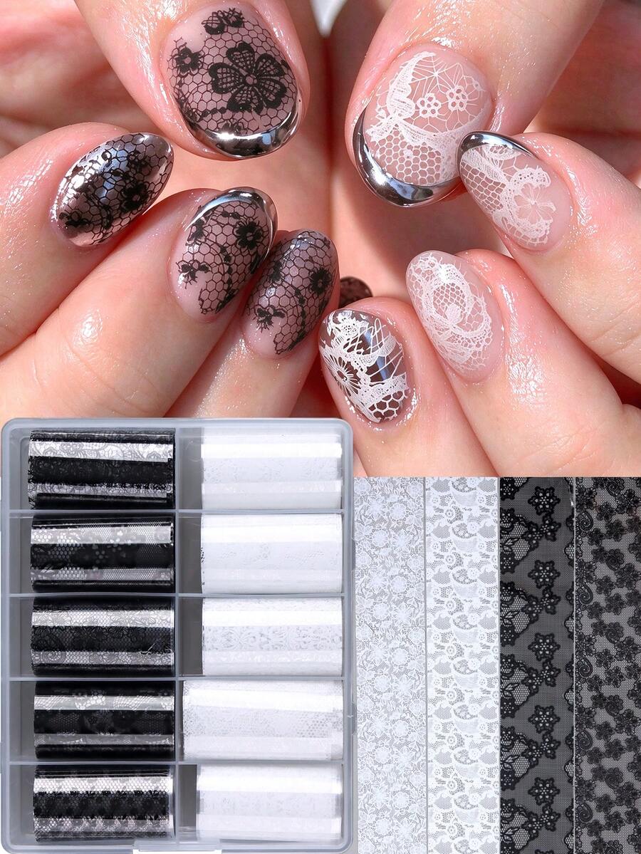 Bộ 10 miếng giấy chuyển họa tiết nail đen trắng - họa tiết ren vintage, hoa và ô kẻ; trang trí móng tay mùa đông lễ hội dễ thương, phù hợp cho DIY và sử dụng tại salon - Nhiều màu - Xem 1
