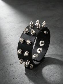 Men's Black PU Leather Wristband With Silver Spikes, Gothic Punk Rivet Bracelet, Rock Stage Accessory - Black - View 1