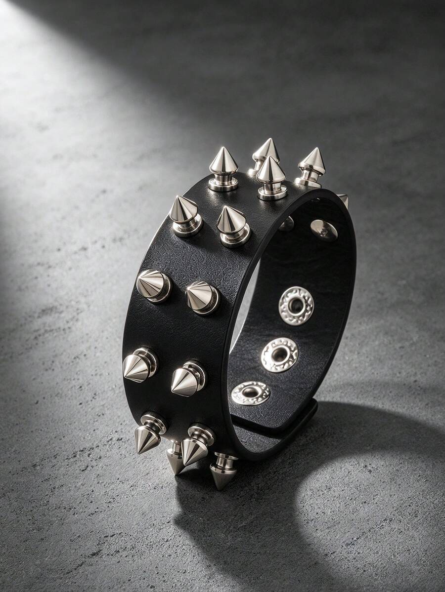 Men's Black PU Leather Wristband With Silver Spikes, Gothic Punk Rivet Bracelet, Rock Stage Accessory - Black - View 1