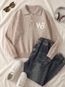 Boys' Letter Jacquard Knit Pullover, Polo Collar Half-Button Loose Long Sleeve Sweater, Autumn Children's Top - Camel - View 2