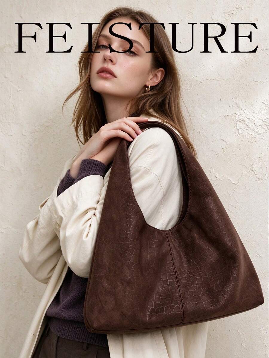 FEISTURE 1件裝石紋天鵝絨材質女款大容量單肩腋下包，適合女孩、女性、大學生、職場新人與白領族，通勤、辦公、商務、上學適用