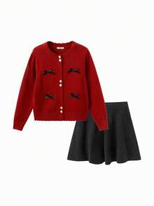 Girls Winter 2Pcs Outfit Tween Girl Wool Blend Knit Sweater And Skirt Sweet Casual Clothing Set - Red Hue - View 1