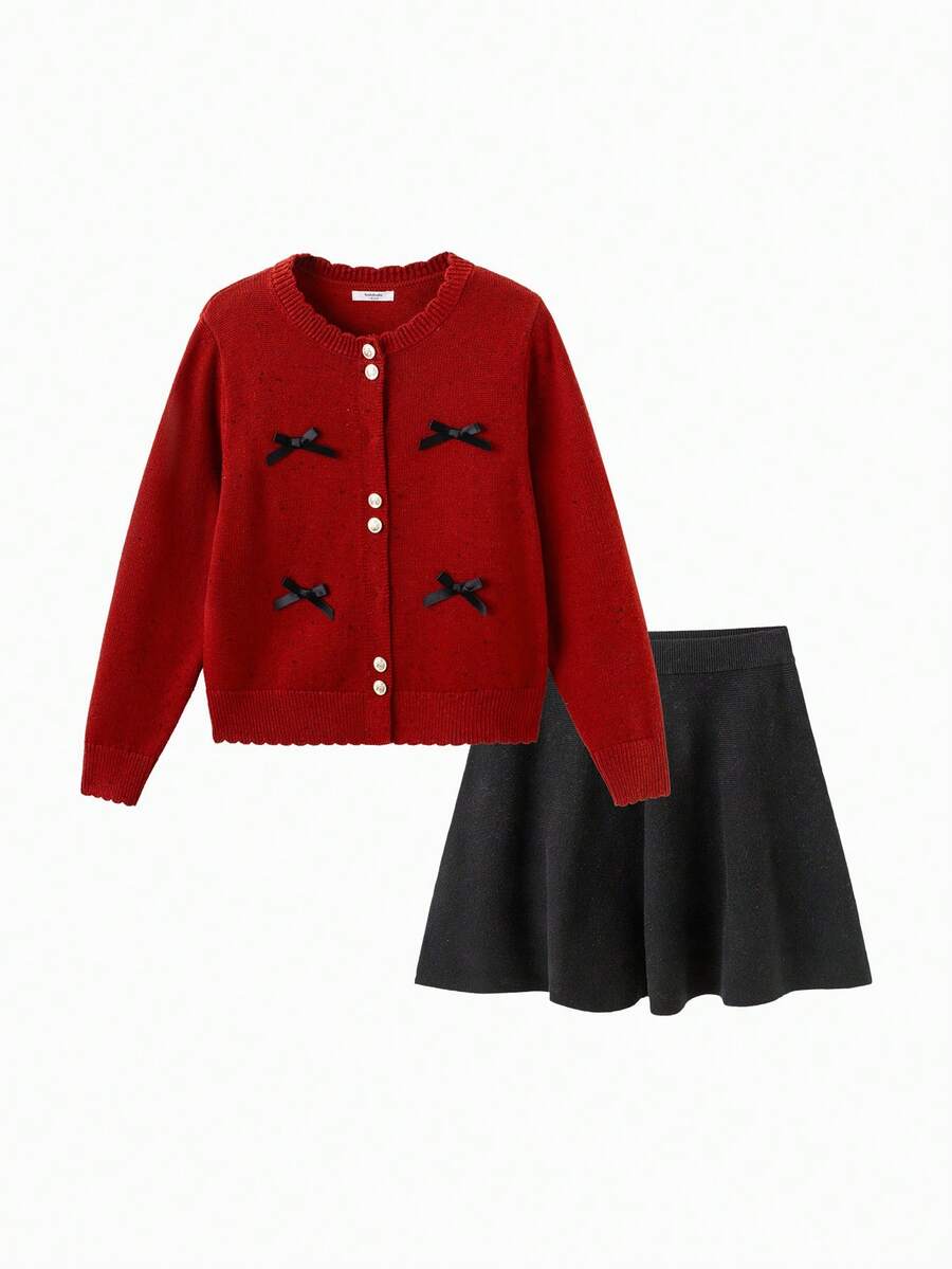 Girls Winter 2Pcs Outfit Tween Girl Wool Blend Knit Sweater And Skirt Sweet Casual Clothing Set - Red Hue - View 1