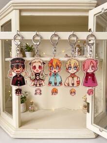 5pcs Chibi Characters Aesthetic Acrylic Keychains With Mini Charm, Popular Anime Q Version Characters And Mini Charms Double Layer Combination Art Series, Gift For Anime Character Lovers And Q Version Aesthetic And Cute Charms Double Layer Pendant Enthusiasts - Multicolor - View 2