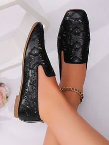 1Pair Women Floral Cutout Embroidery Faux Leather Breathable Square Toe Flat Loafers,Vintage For Daily Holiday - Black - View 4