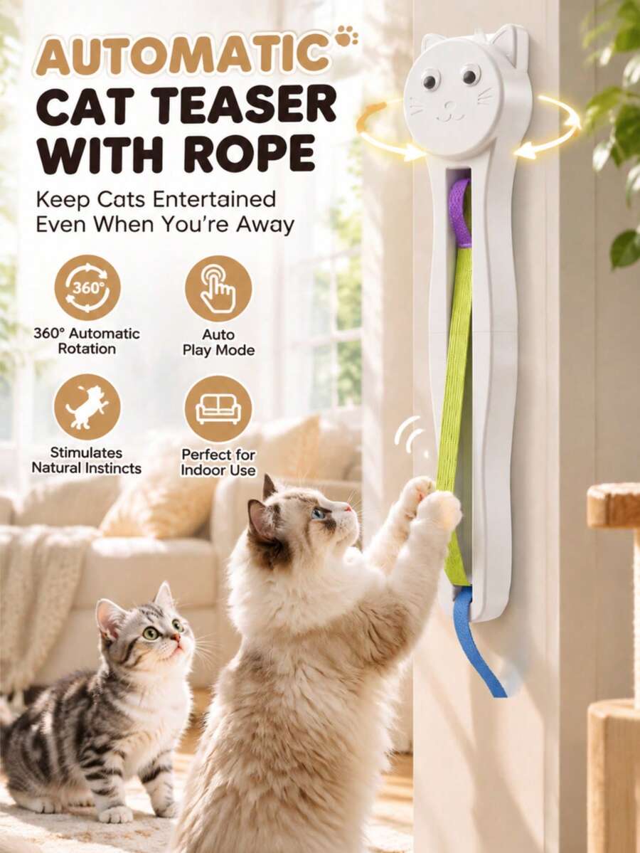 Indoor Cat Interactive Toy, Rechargeable Automatic Cat Toy With Electric Rope, Adjustable Motion Modes, Hands-Free Pet Play Accessory For Bored Indoor Cats