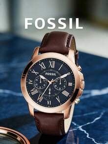 Fossil FS5068 Men Chronograph Watch,Rose‑Gold Steel Case,Brown Textured Strap,Navy‑Blue Dial,Roman Numerals,Date,3ATM Water Resistant - Brown - View 1