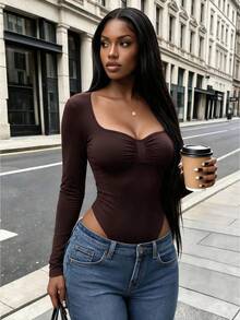 Women's Dark Brown Long Sleeve Bodysuit, Knitted Fabric Mid-Stretch Slim Fit One-Piece - Brown - View 2