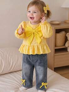 Baby Girl Sweet Style 2-Piece Set, Fresh Yellow 3D Big Bow Ruffle Lantern Sleeve Casual Pullover Top + Bow Decor Denim Wide Leg Pants, Spring/Autumn Outfit - Yellow - View 2
