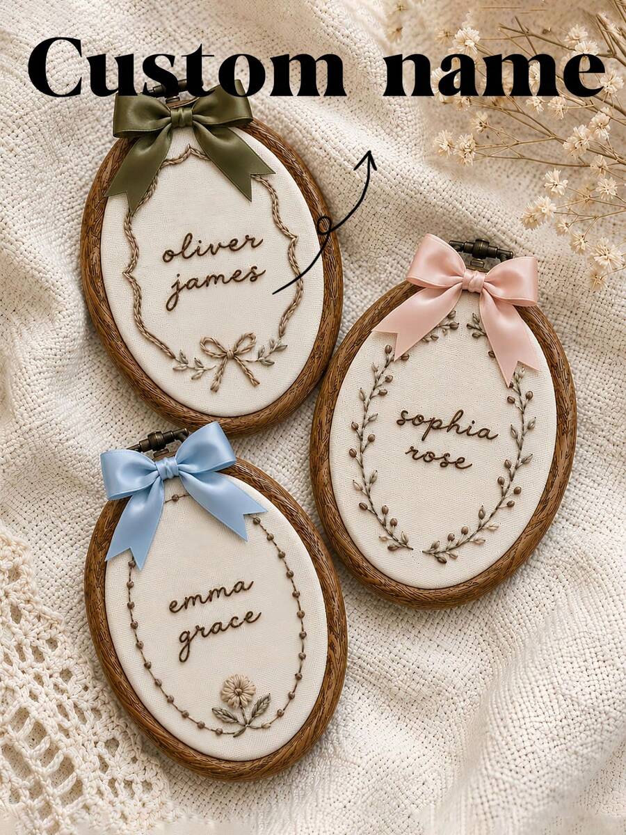 Custom Name Flower Embroidered Ornament, Nursery Wall Art, Floral Embroidery Gift - Multicolor - View 1
