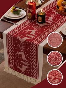 1pc Red Christmas Reindeer Theme Table Runner, Red Floral Pattern Long Fabric Decor, Suitable For Dining Table, Coffee Table, Tea Table, Console Table, Christmas New Year Party Tabletop Decoration - Red - View 6