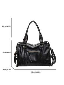 Solid Color Minimalist Woven Tote Bag, Capacity Travel Storage, Dual Straps, Retro Aesthetic American Motorcycle Style For Daily Work School Trips - Black - View 2
