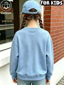 Kids Cotton Fleece Crewneck Sweatshirt, Small Orchid Flower Chest Print Long Sleeve Pullover For Kids - Blue - View 4