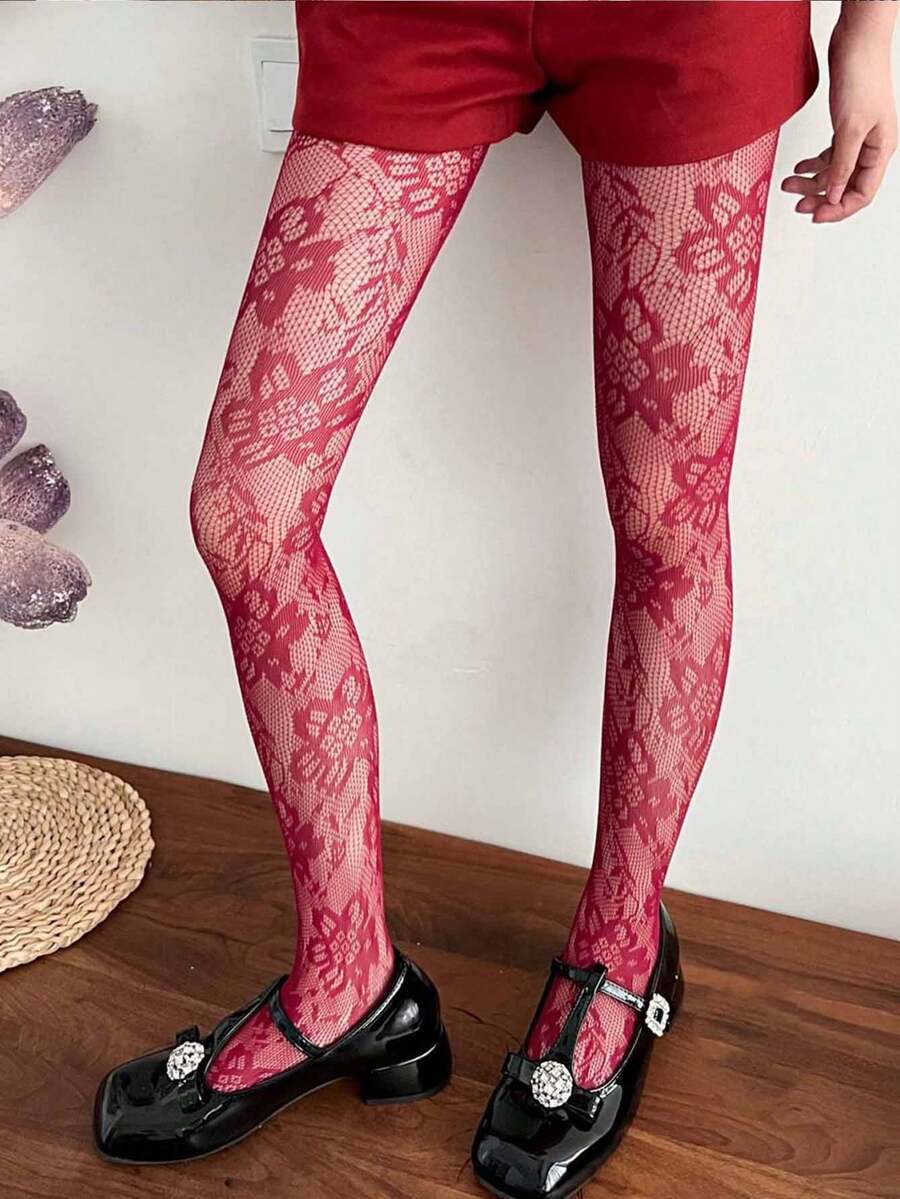 1pc Women's Burgundy Vintage Ditsy Floral Fishnet Socks, High ...