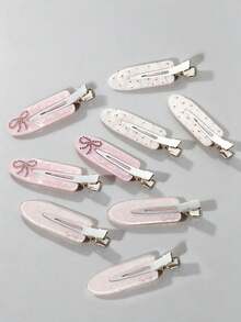 6/3pcs Cute Sweet Style Pink Seamless Crocodile Hair Clips, Gentle Girl Style Floral Polka Dot Side Bangs Clips, Rhinestone Bow Hair Clips For Women - Pink - View 12
