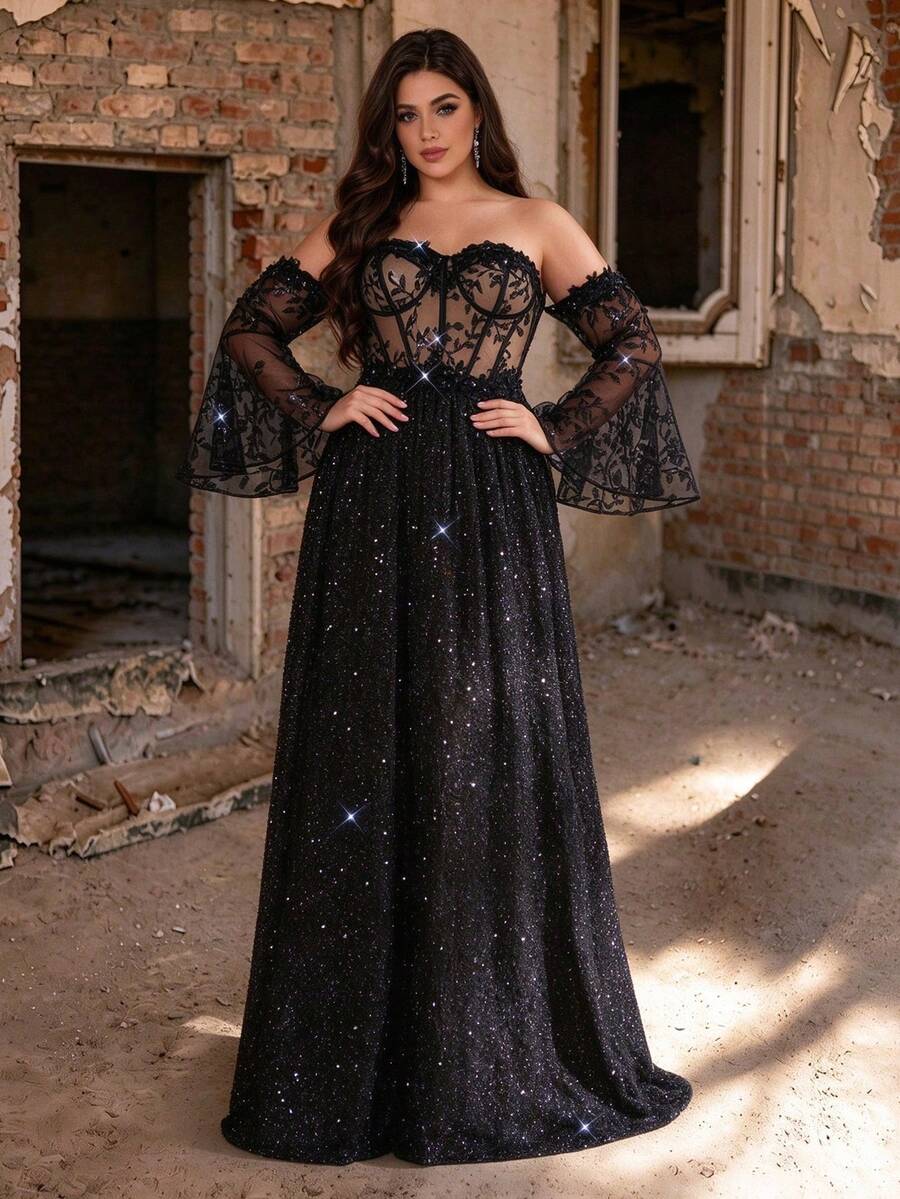 Plus Size Fall Winter Elegant Cold Shoulder Sheer Flare Sleeve 3D Floral Lace Sequin Embroidered A-Line Maxi Dress For Party Wedding Prom Festival - Black - View 1