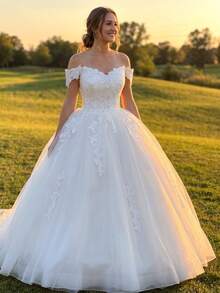 French Style Off-Shoulder Wedding Dress, Solid Color Tulle Lace Sequin Train Princess Gown, Back Lace-Up Slimming Bridal Wedding Dress - White - View 5