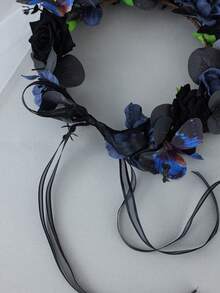 1pc Black Rose & Blue Butterfly Flower Crown Headband Ribbon Tie Gothic Fairy Party Photo Props Hair Accessories - Blue-black - View 7