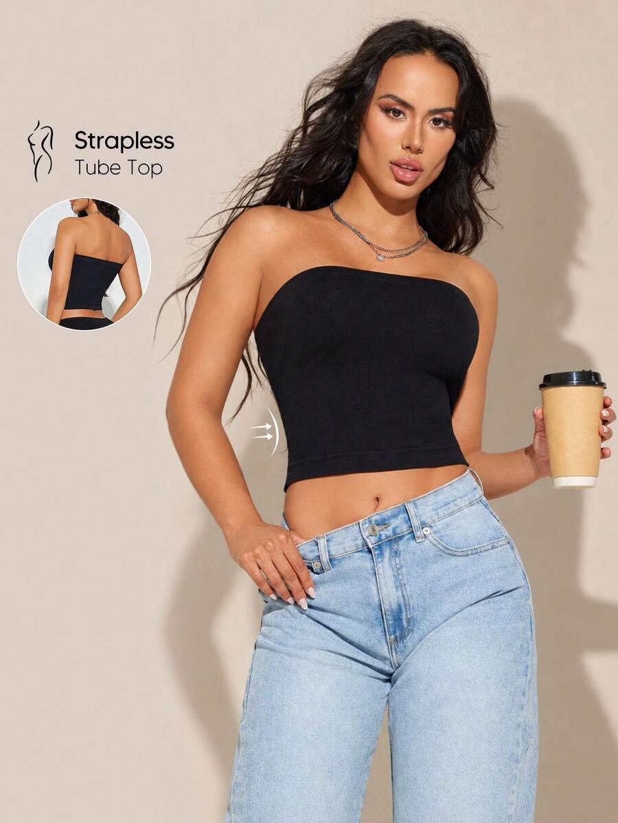 Women's Black Sexy Strapless Top, Basic Camisole Inner Layer For Autumn Outfits