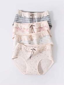 5pcs/Pack Women's Pure Cotton Triangle Panties, Ruffle Bow Waistband, Cute Print Mid-Waist Bodycon Triangle Panties - Multicolor - View 2