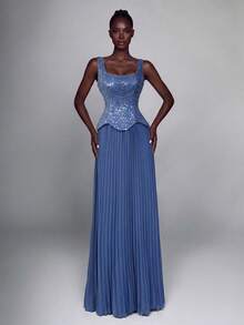 Elegant Wide Strap Floor-Length Dress With Beaded Ruffle Bodice And Pleated Skirt, Suitable For Photos, Beach Vacation, Resort And Formal Occasions - Dusty Blue - View 6