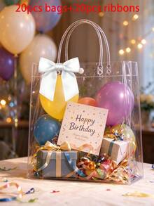 10/20/40/50pcs Reusable Transparent PVC Gift Bags With White Bow Ribbon, (25pcs Bags+25pcs Ribbons) With Handles, Suitable For Weddings, Birthdays And Holidays, Perfect For Christmas Gift Bags, Valentine's Day, Mother's Day Gift Packaging, Transparent Waterproof Bags, Suitable For Summer, Vacation And Beach. Multi-Functional Packaging Solution - A - View 7