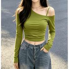 性感辣妹綠色不對稱領口露肩細肩帶長袖T恤女裝套裝，新款獨特顯瘦時尚通勤外出上衣 - 綠色 - 查看 2