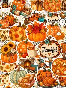 50Pcs PP Decorative Pumpkin Collector Stickers, Retro Country Harvest Watercolor Style, Including Patterned Pumpkins, Coffee Cups, Pinecones, Bows, Warm Light Elements, For Journal Collage, Tablet, Notebook, Storage Box, DIY Craft Decoration - Multicolor - View 1