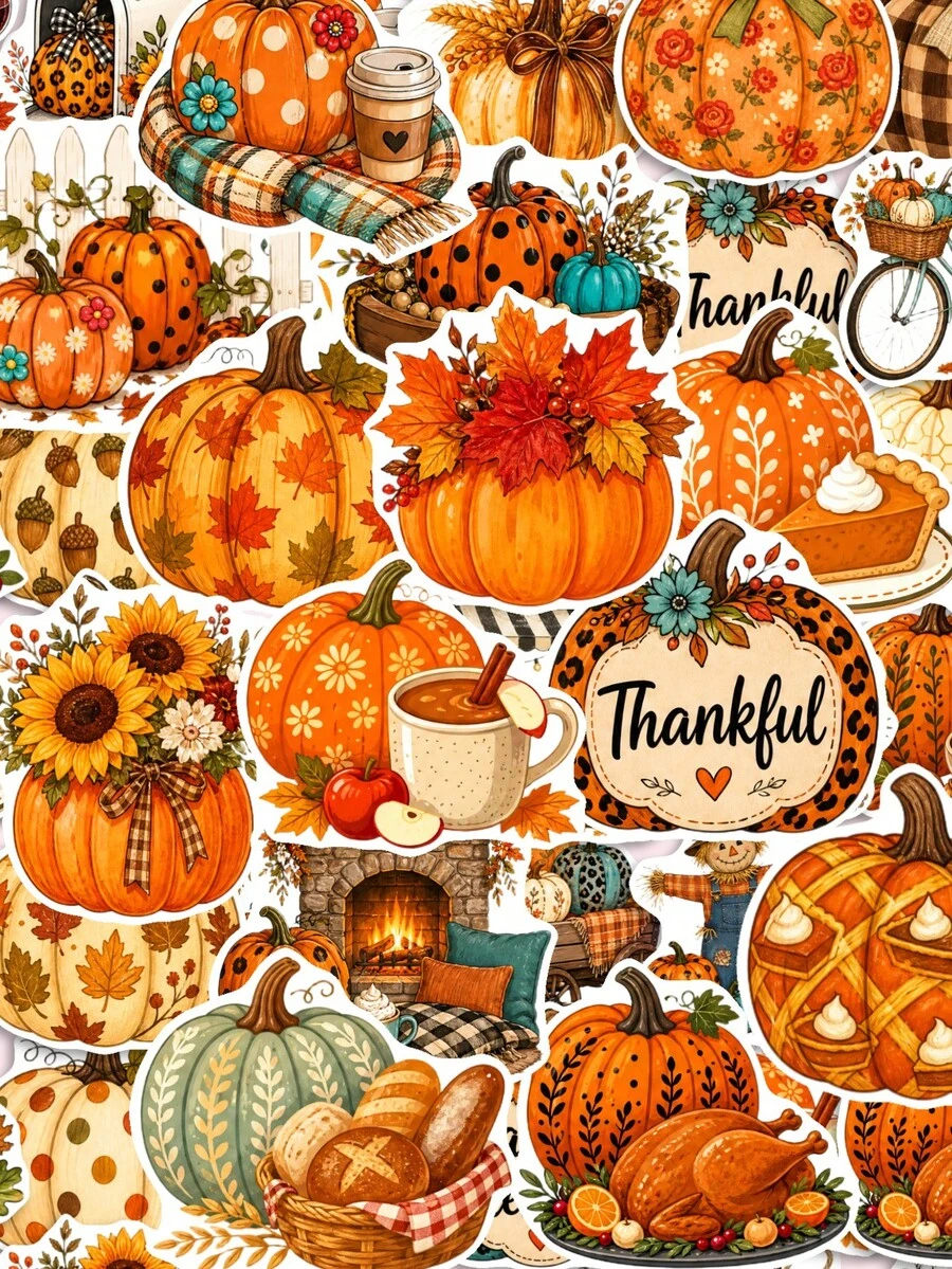 50Pcs PP Decorative Pumpkin Collector Stickers, Retro Country Harvest Watercolor Style, Including Patterned Pumpkins, Coffee Cups, Pinecones, Bows, Warm Light Elements, For Journal Collage, Tablet, Notebook, Storage Box, DIY Craft Decoration - Multicolor - View 1