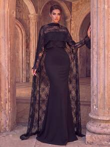 Elegant Black Long Mermaid Skirt With Contrasting Lace And Bell Sleeves, Romantic Round Neck Formal Gown - Black - View 1