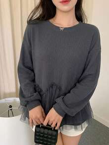 女款秋季華夫格紋拼接層次網紗T恤 - 黑色 - 查看 3