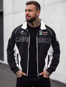 Men's Colorblock Racing Pattern Jacket, Zipper Stand Collar Long Sleeve Outerwear, Suitable For Casual Street Style, Racing Jacket, Daily Wear And Outdoor Activities - Black - View 7