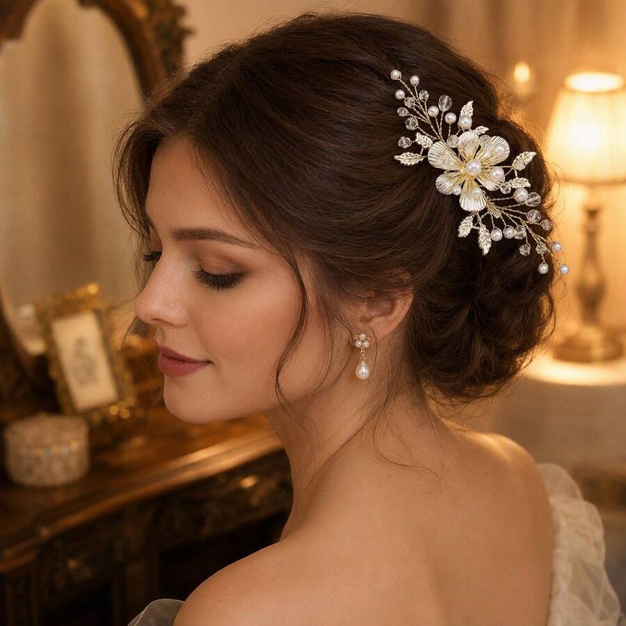 Bridal Hair Comb With Pearl And Crystal, Vintage Gold Leaf Wedding Updo Hair Pin, Bridal Hair Accessory - Gold - View 1