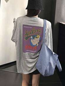 Women's Round Neck Long Sleeve T-Shirt, Spring/Autumn New Anime Cartoon Character & Letter Print, Fashion Casual Versatile Loose Top - Light Gray - View 1