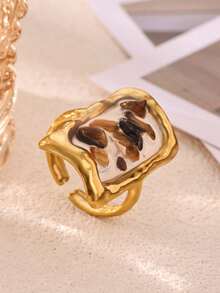 1Pc/1Set Vintage Hammered Gold Color Stainless Steel Open Rings Inlaid Pearl And Natural Stone Jewelry For Women Daily Wear Gifts - Yellow Gold - View 15