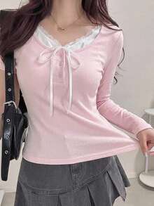 FRIFUL Weekend Women's Pink Lace Patchwork White Slim Fit Contrast Color Casual Daily Long Sleeve T-Shirt For Dating Fall - Pink - View 2