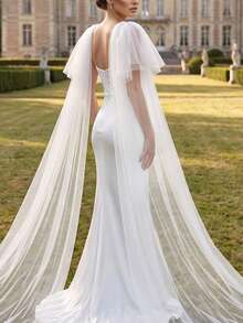 1Pair Draping Long Train Wedding Shoulder Cape, White Sheer Tulle Shoulder Drape, Rhinestone Decor Pin Fixed Bridal Accessory - Multicolor - View 2