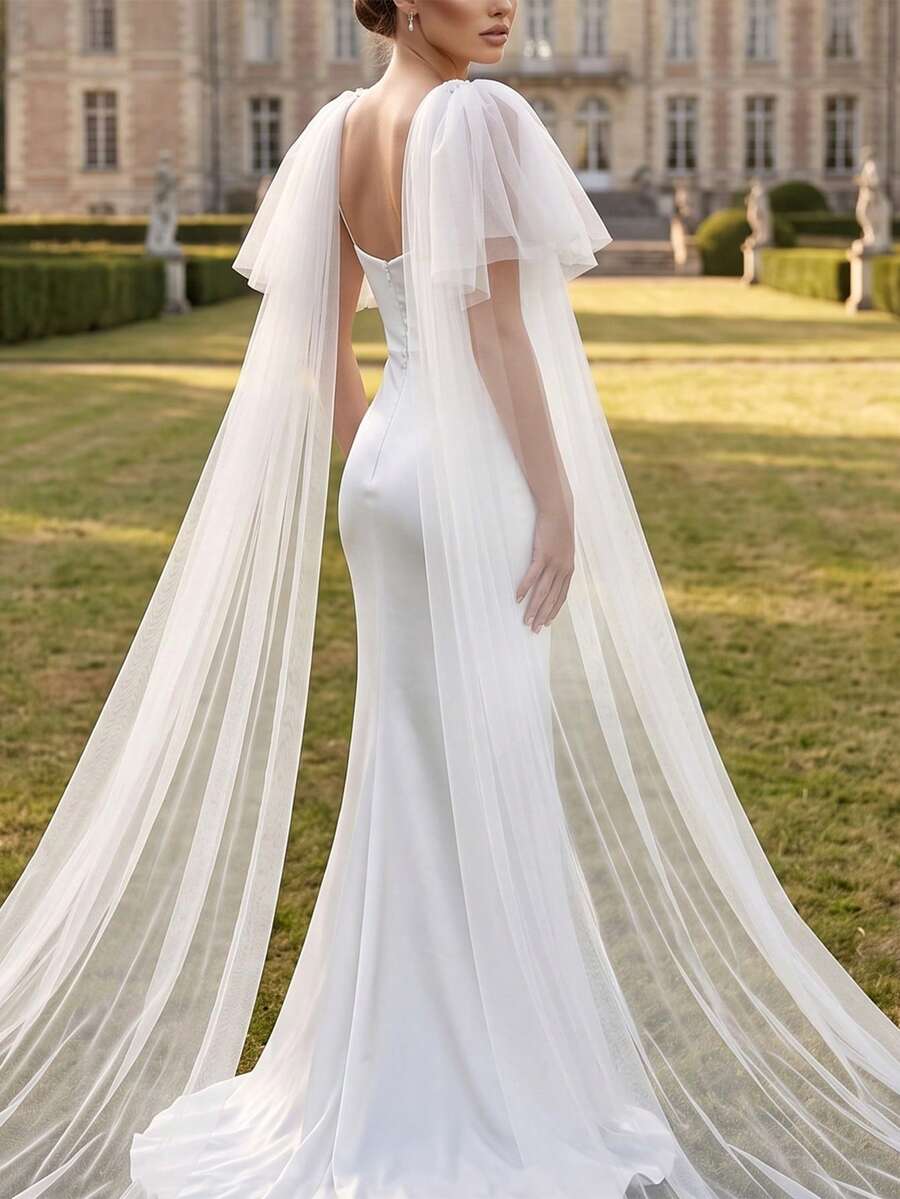 1Pair Draping Long Train Wedding Shoulder Cape, White Sheer Tulle Shoulder Drape, Rhinestone Decor Pin Fixed Bridal Accessory