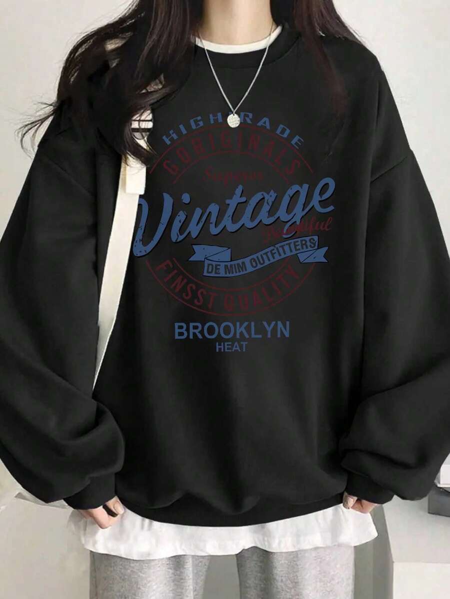 Women's Student Black Contrast Letter Print Long Sleeve Sweatshirt, Loose Casual Comfortable Home Daily Commute Back To School Outfit, Crew Neck Long Sleeve Sweatshirt, Autumn/Winter - Black - View 1