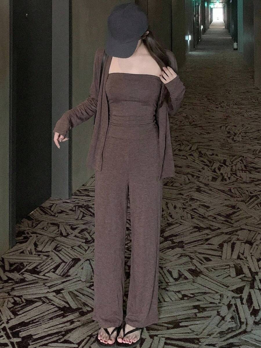 DAZY 女款 3 件組夏季棕色抹胸背心、披肩式開襟衫、直筒寬鬆休閒居家服套裝 - 棕色 - 查看 1
