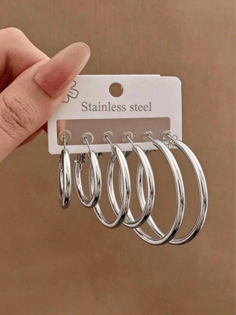 6pcs Stainless Steel Earrings, With A Glossy And Bright Surface, Made Of Hypoallergenic Material, Suitable For Year-Round Wear, Can Be Used For Daily - Silver - View 1