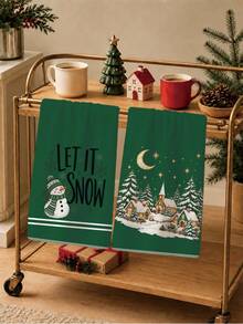2PCS Kitchen Towels, Christmas Winter Snowman Village Pattern Dish Cloths, Watercolor Style 40*60cm Rectangular Soft Microfiber Cleaning Towels, Perfect For Kitchen, Dining Room And Bathroom Use, Kitchen Decor, Home Decor, Neighbor Housewarming Gift, Dish Cloth - Green - View 7